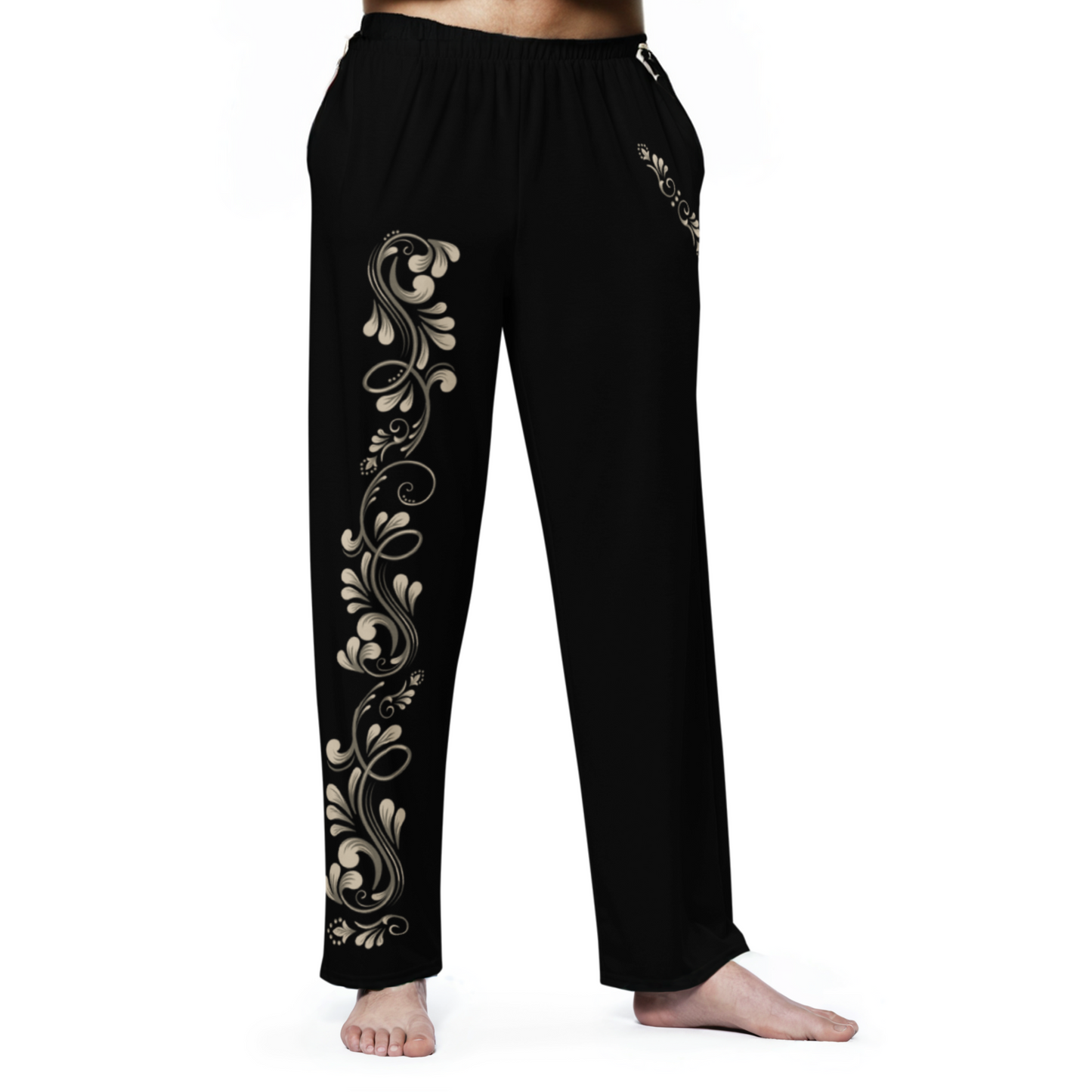Tango Casual Pants – Damask Ecru Motif, Wide Leg Unisex Black Pants | 1055
