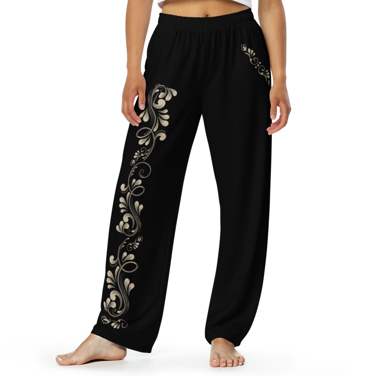 Tango Casual Pants – Damask Ecru Motif, Wide Leg Unisex Black Pants | 1055