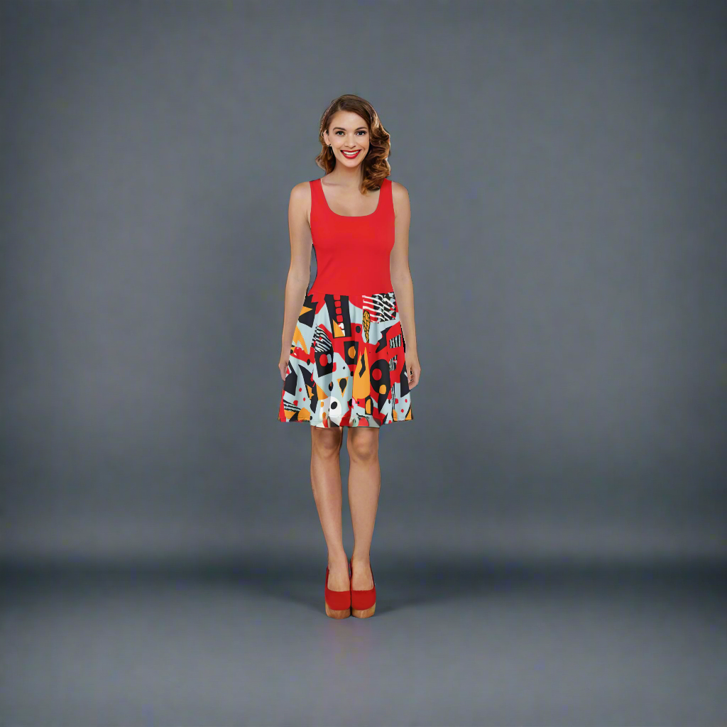 Flare short sleeveless dress, red, black, yellow, light blue, abstract, funk | 3010