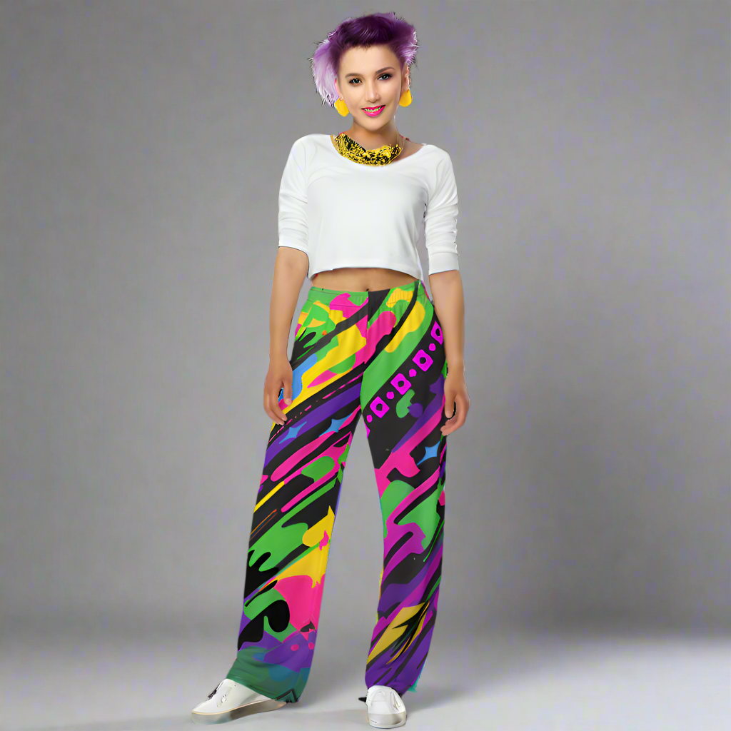 Wide leg straight pants, unisex, purple, green, yellow, abstract, color dash | 1036