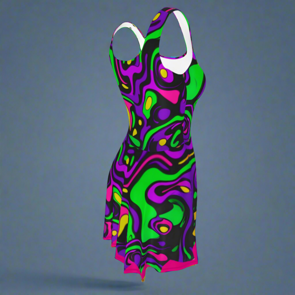 Flare short sleeveless dress, purple, green, pink, coral, abstract, funk | 3001