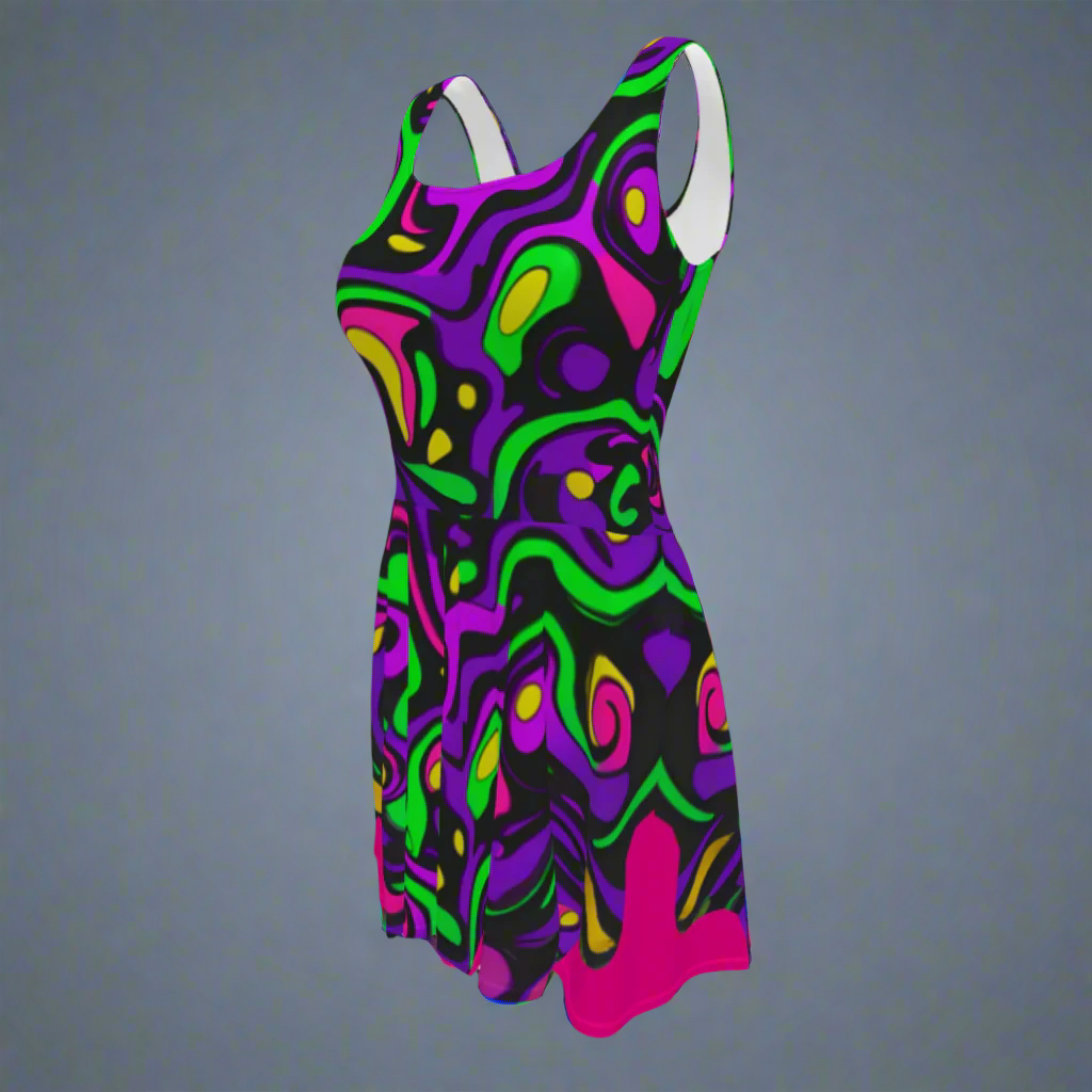Flare short sleeveless dress, purple, green, pink, coral, abstract, funk | 3001