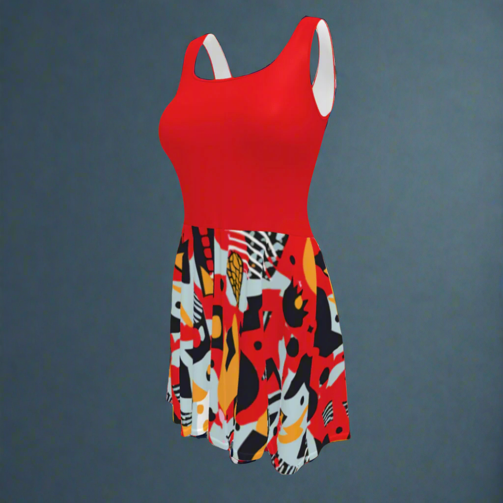Flare short sleeveless dress, red, black, yellow, light blue, abstract, funk | 3010
