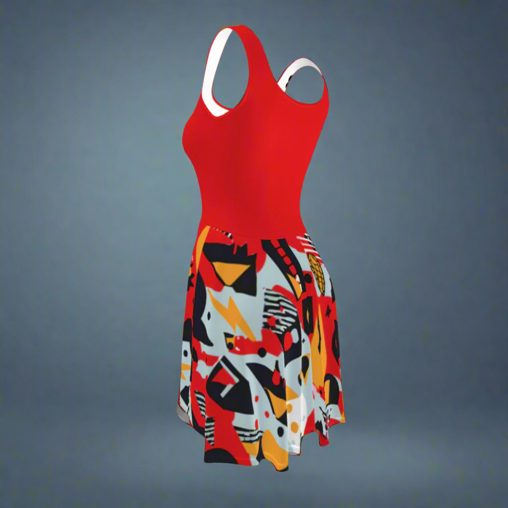 Flare short sleeveless dress, red, black, yellow, light blue, abstract, funk | 3010
