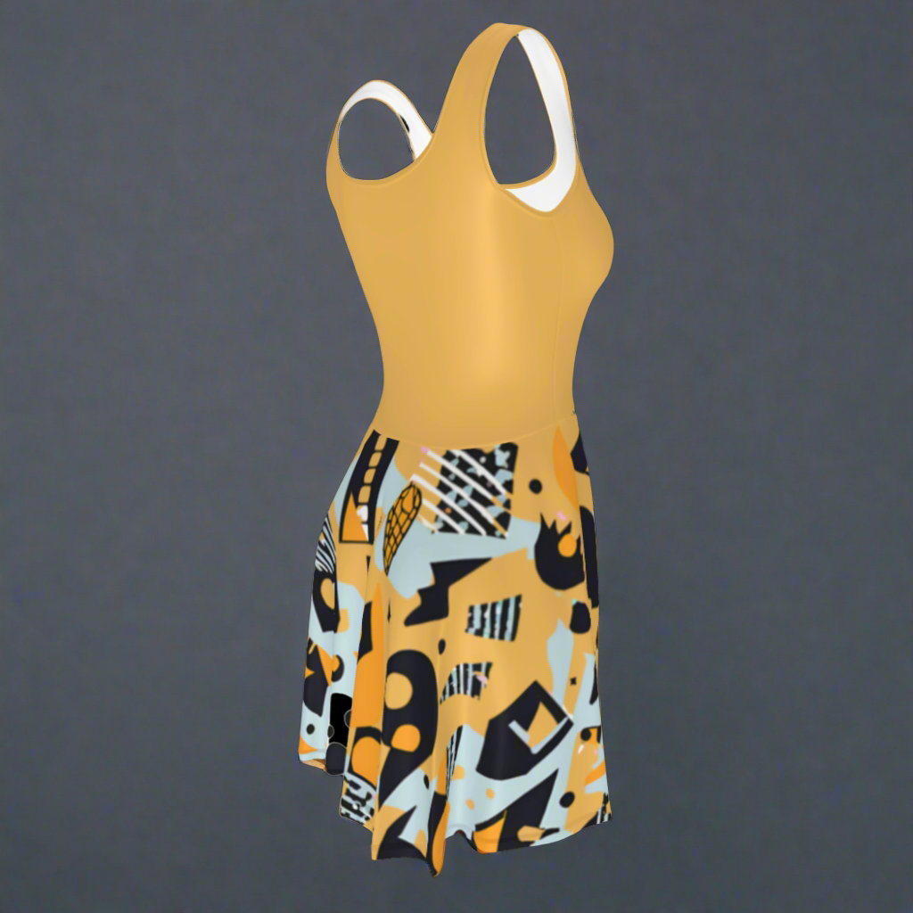 Flare short sleeveless dress, yellow, black, white, teal, abstract, funk | 3009