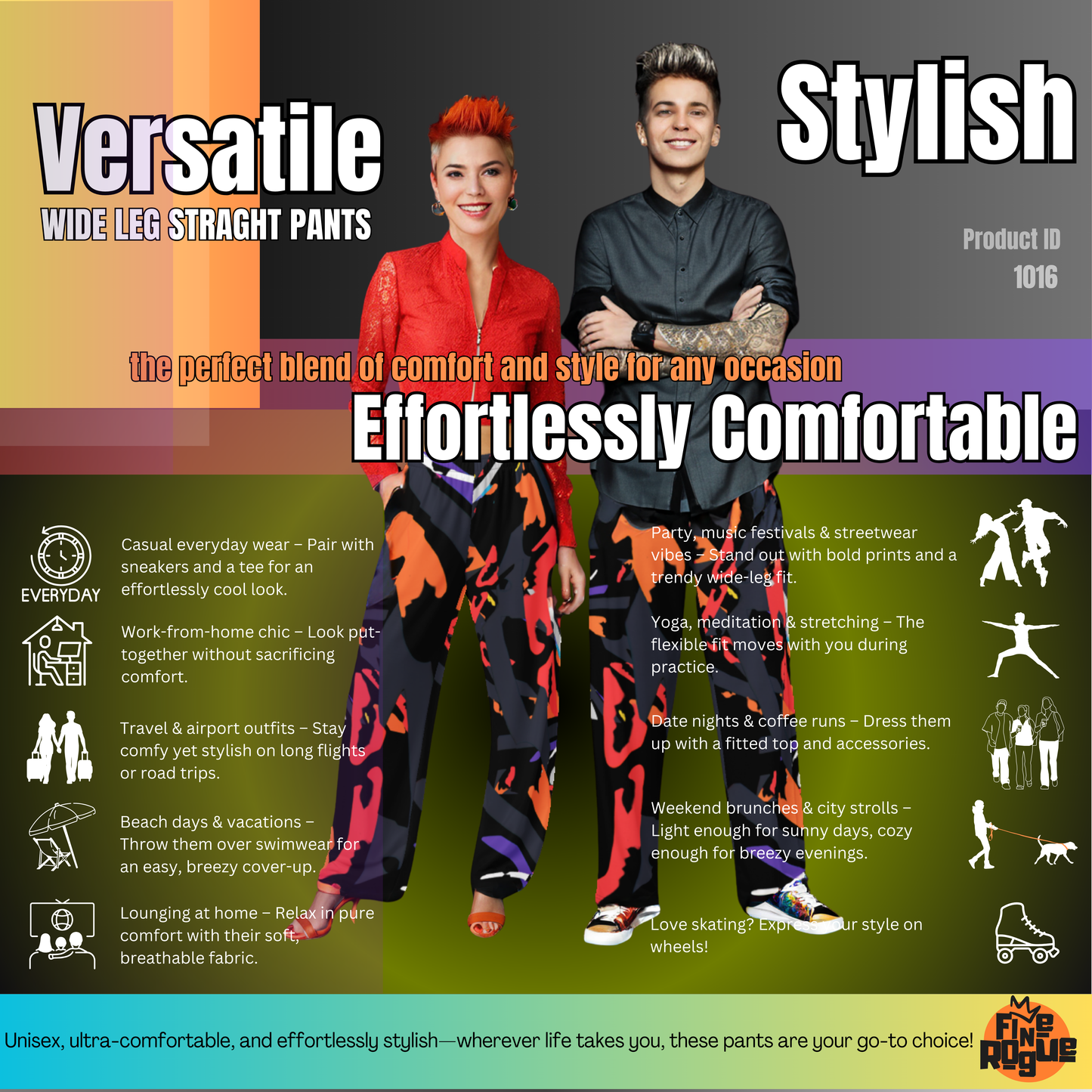 Wide leg straight pants, unisex, orange, red, grey, black, abstract | 1016