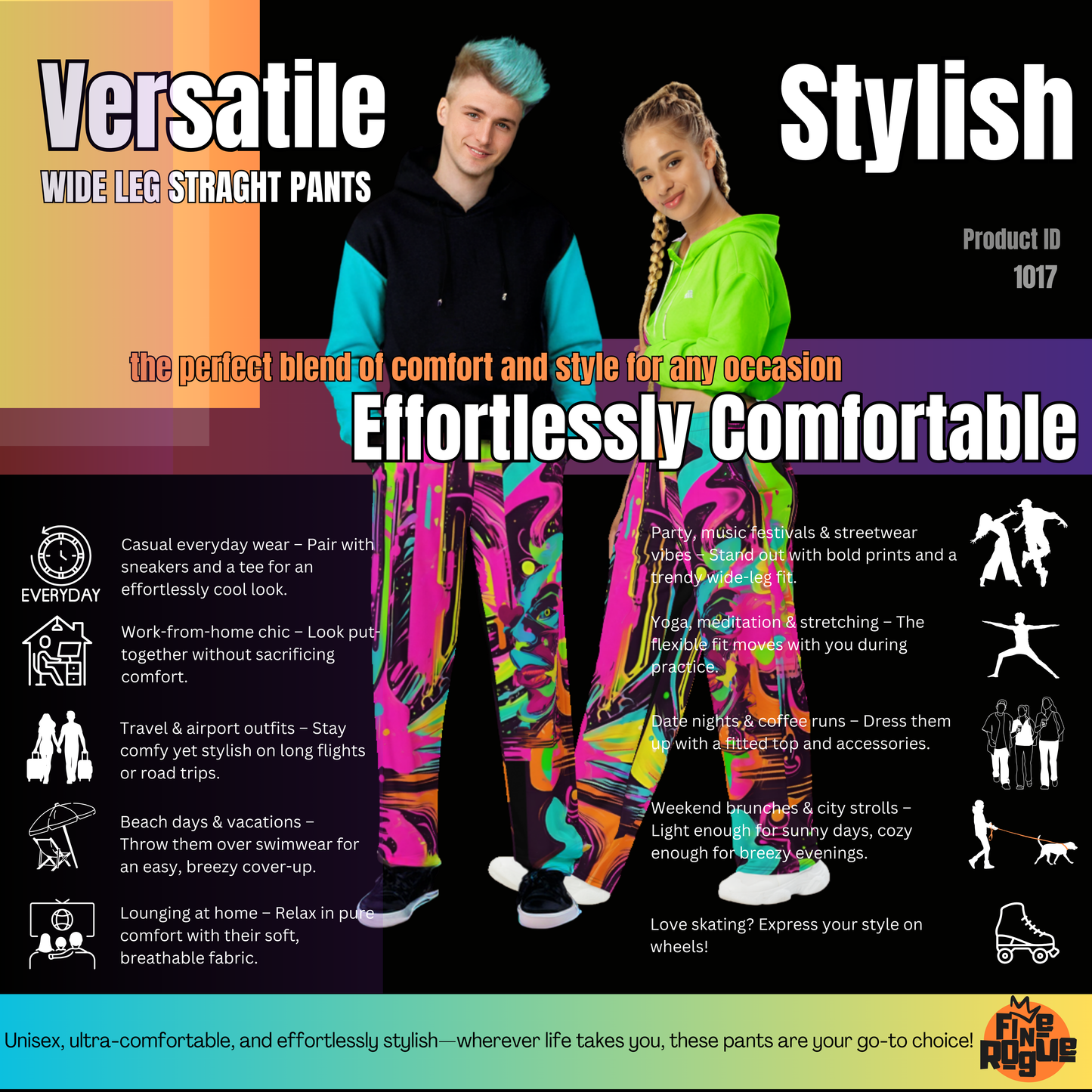 Wide leg straight pants, unisex, pink, teal, black, abstract | 1017