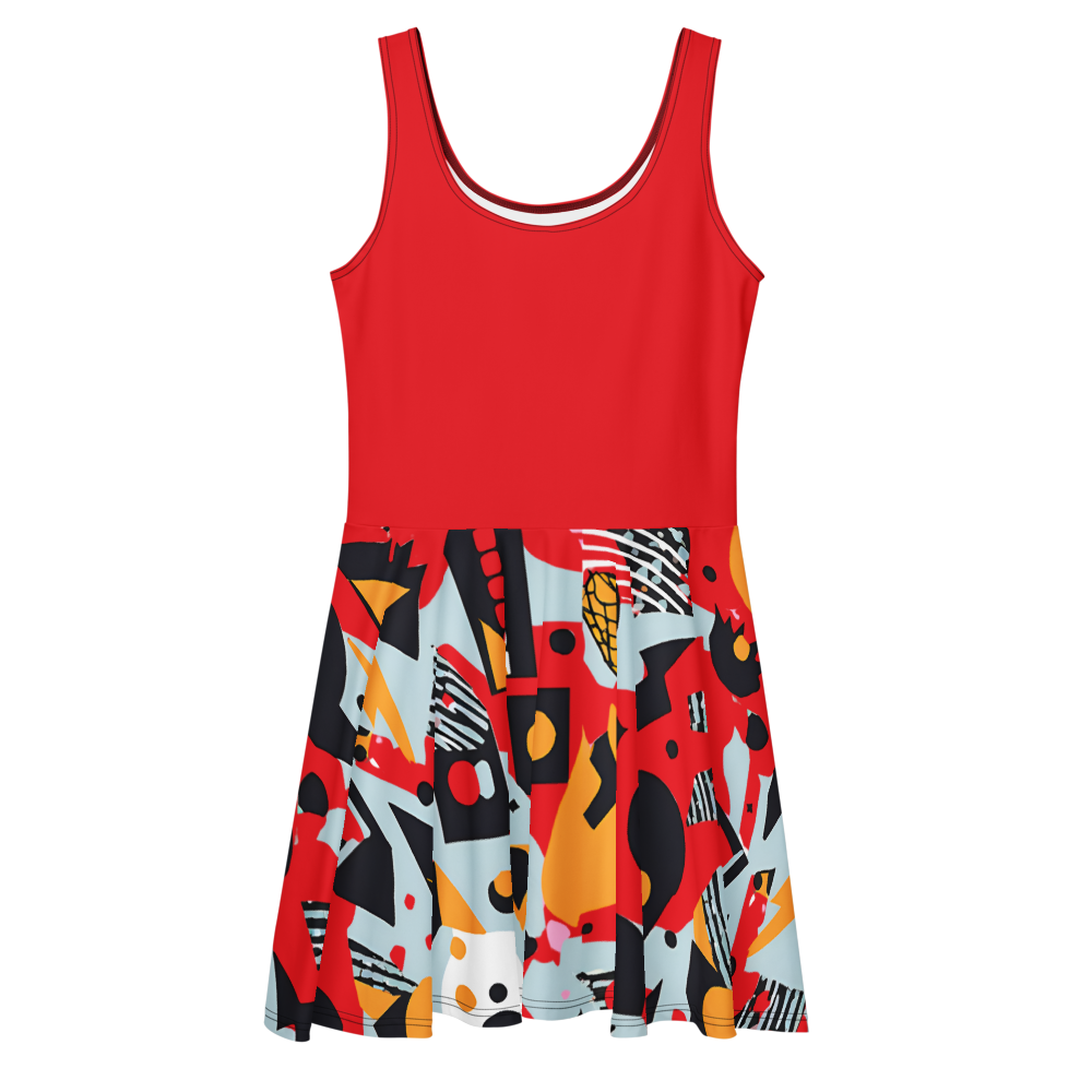 Flare short sleeveless dress, red, black, yellow, light blue, abstract, funk | 3010