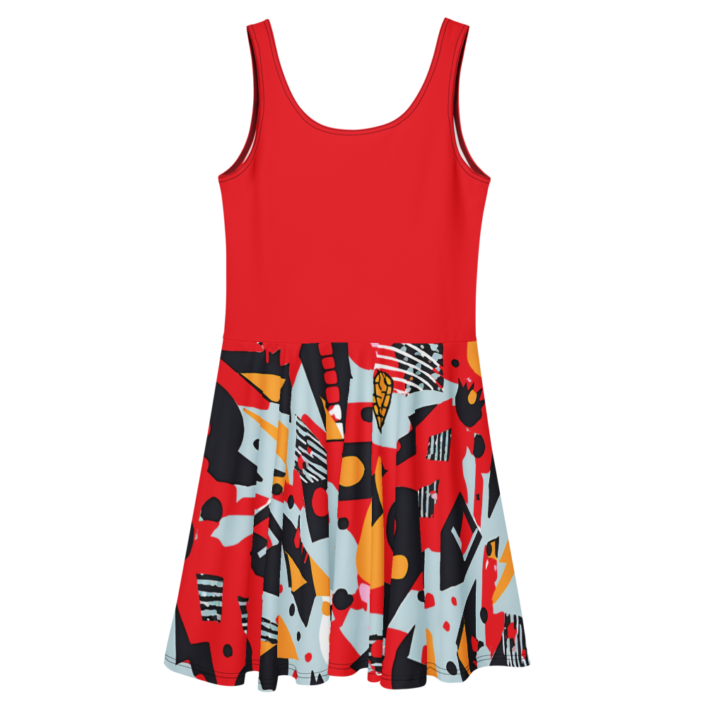 Flare short sleeveless dress, red, black, yellow, light blue, abstract, funk | 3010