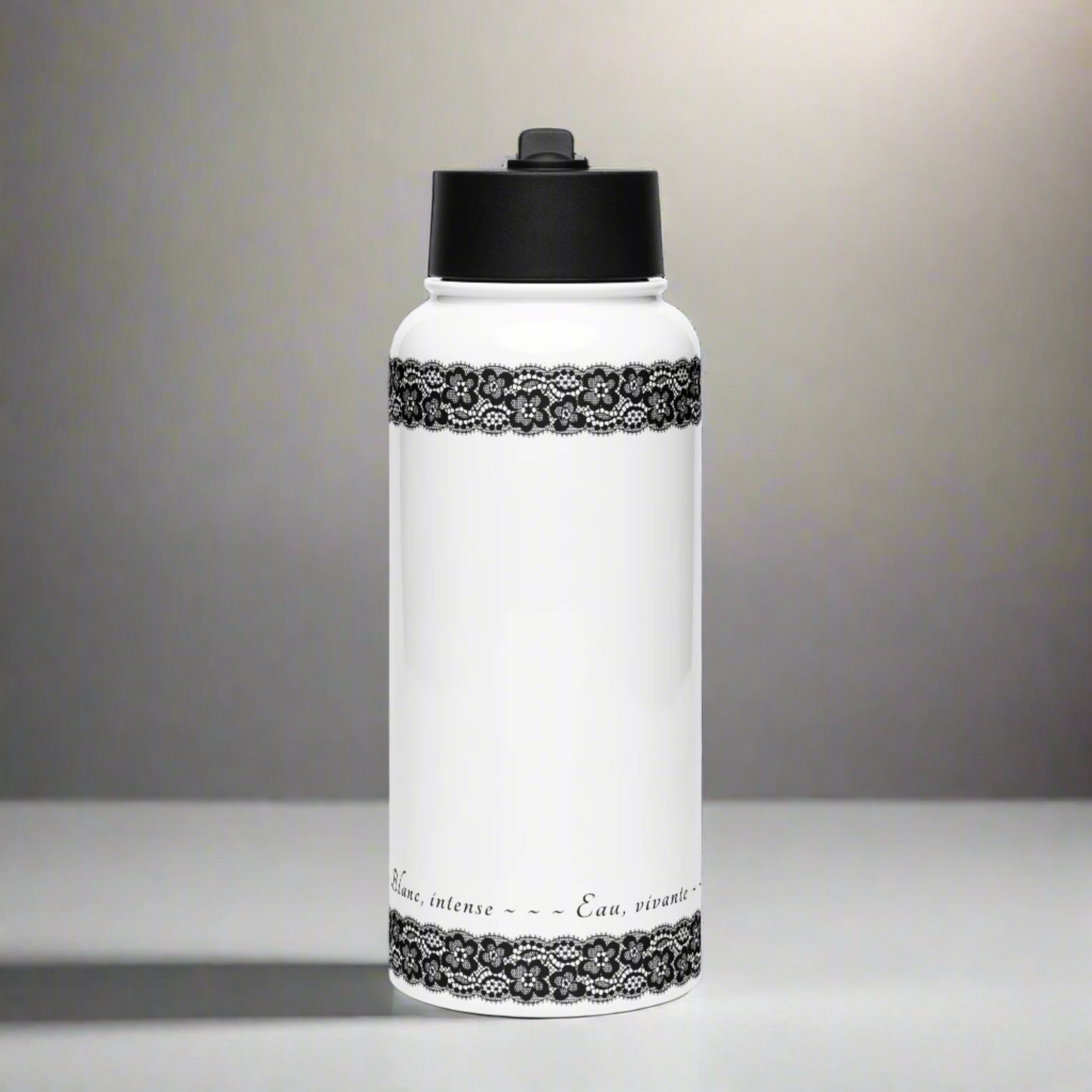 Water Bottle - White, Stainless steel, straw lid, 32 oz/950 ml - Romantic Noir | 10007