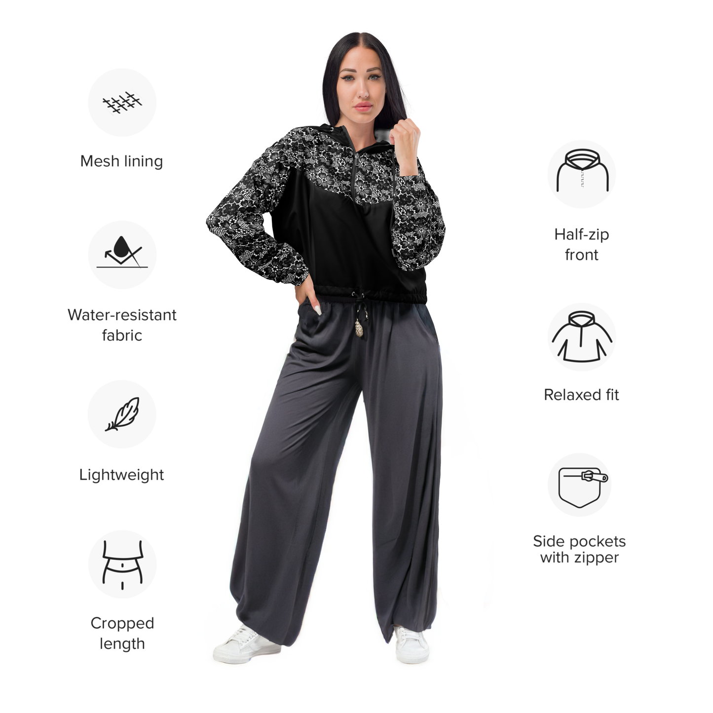 Women’s cropped windbreaker - Black Lace print - Romantic Noir | 10002