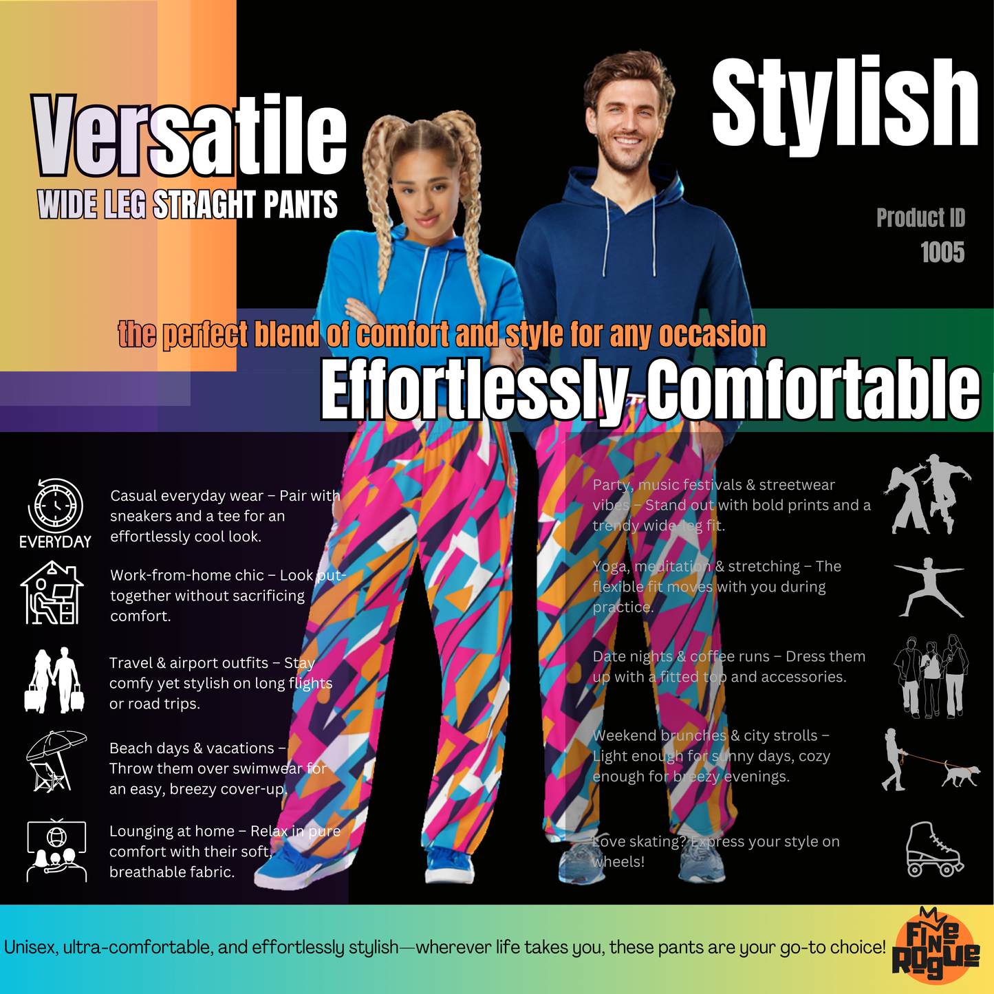 Wide leg straight pants, unisex, pink, orange, turquoise, black, geometric, abstract | 1005