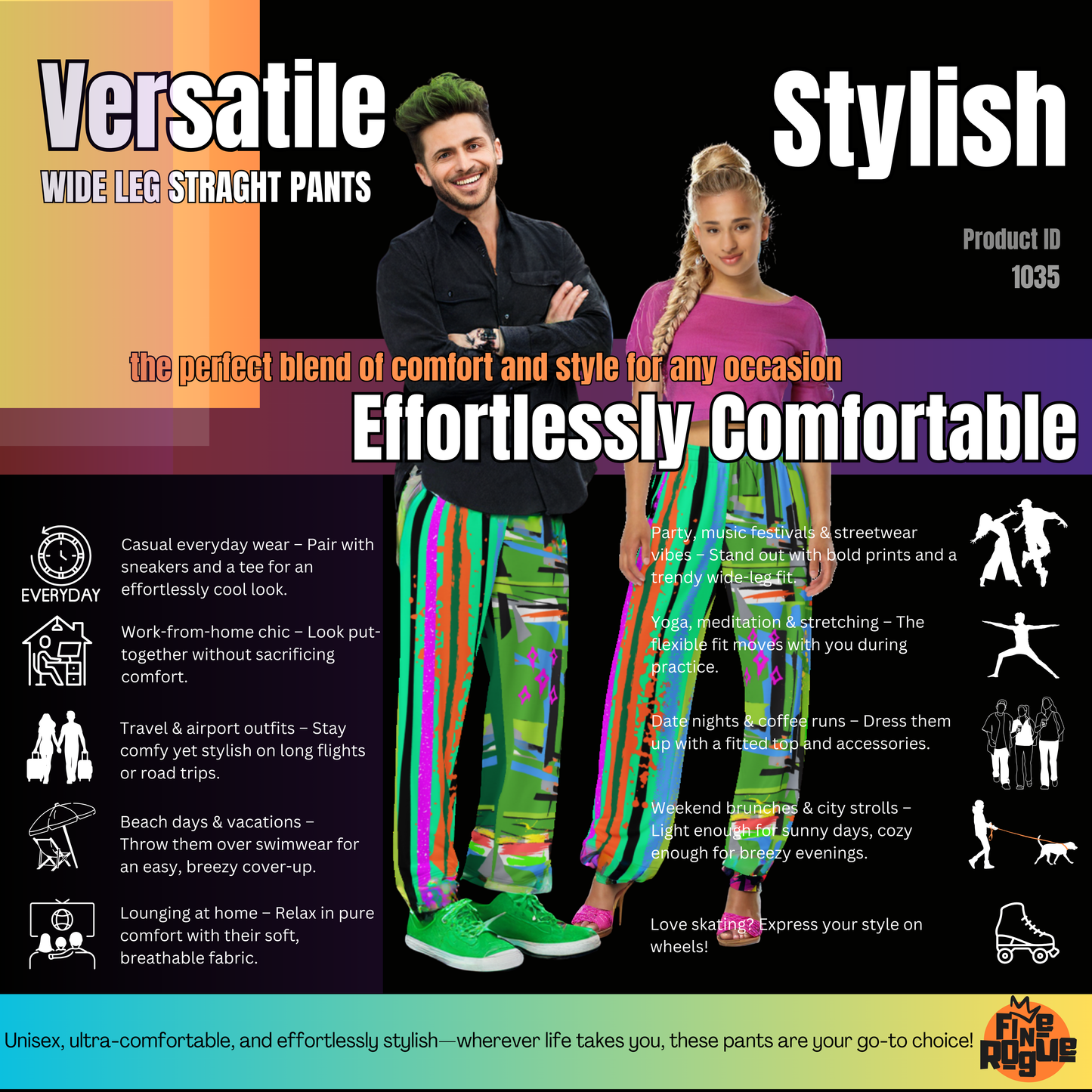 Wide leg straight pants, unisex, green, orange, pink, blue, colorful | 1035