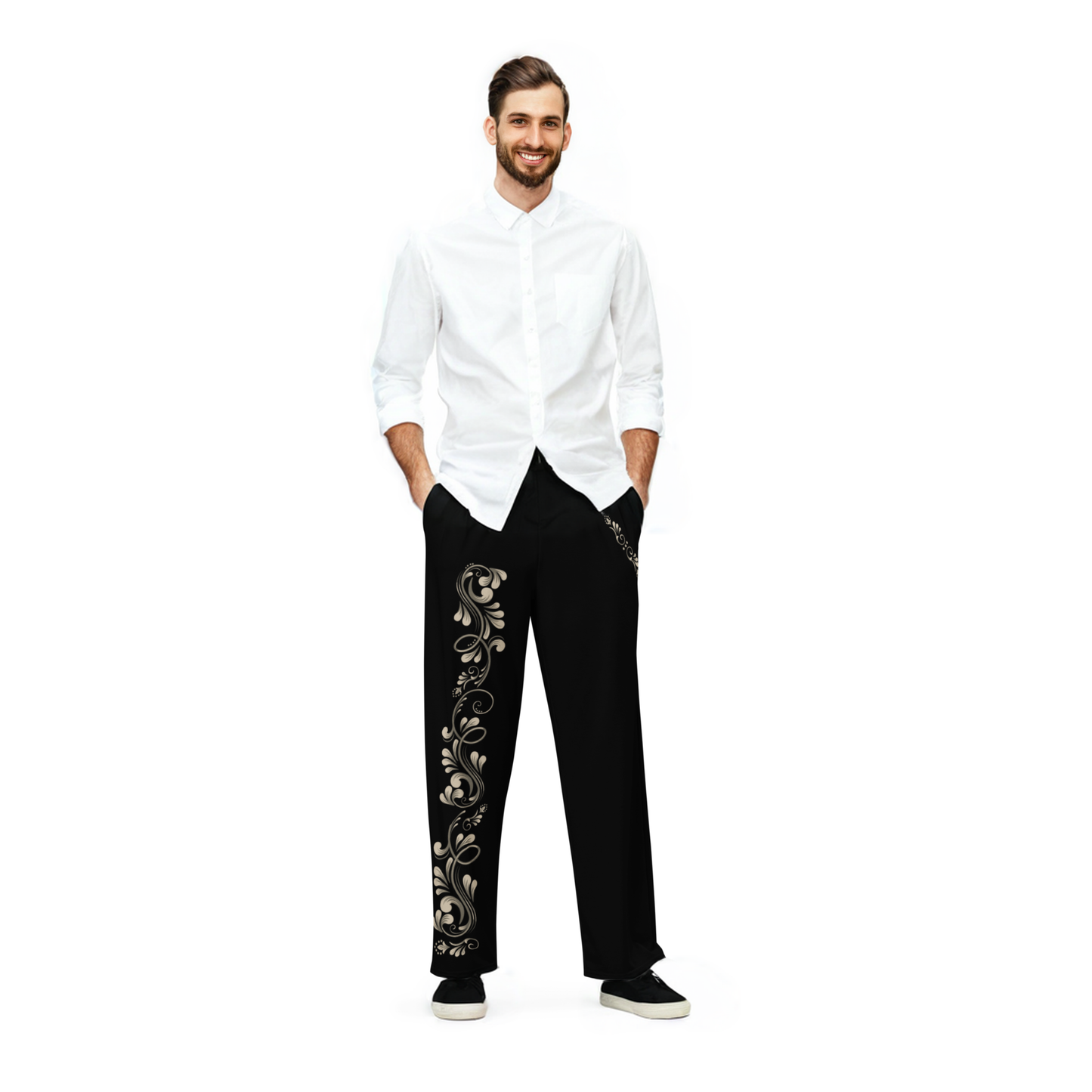 Tango Casual Pants – Damask Ecru Motif, Wide Leg Unisex Black Pants | 1055