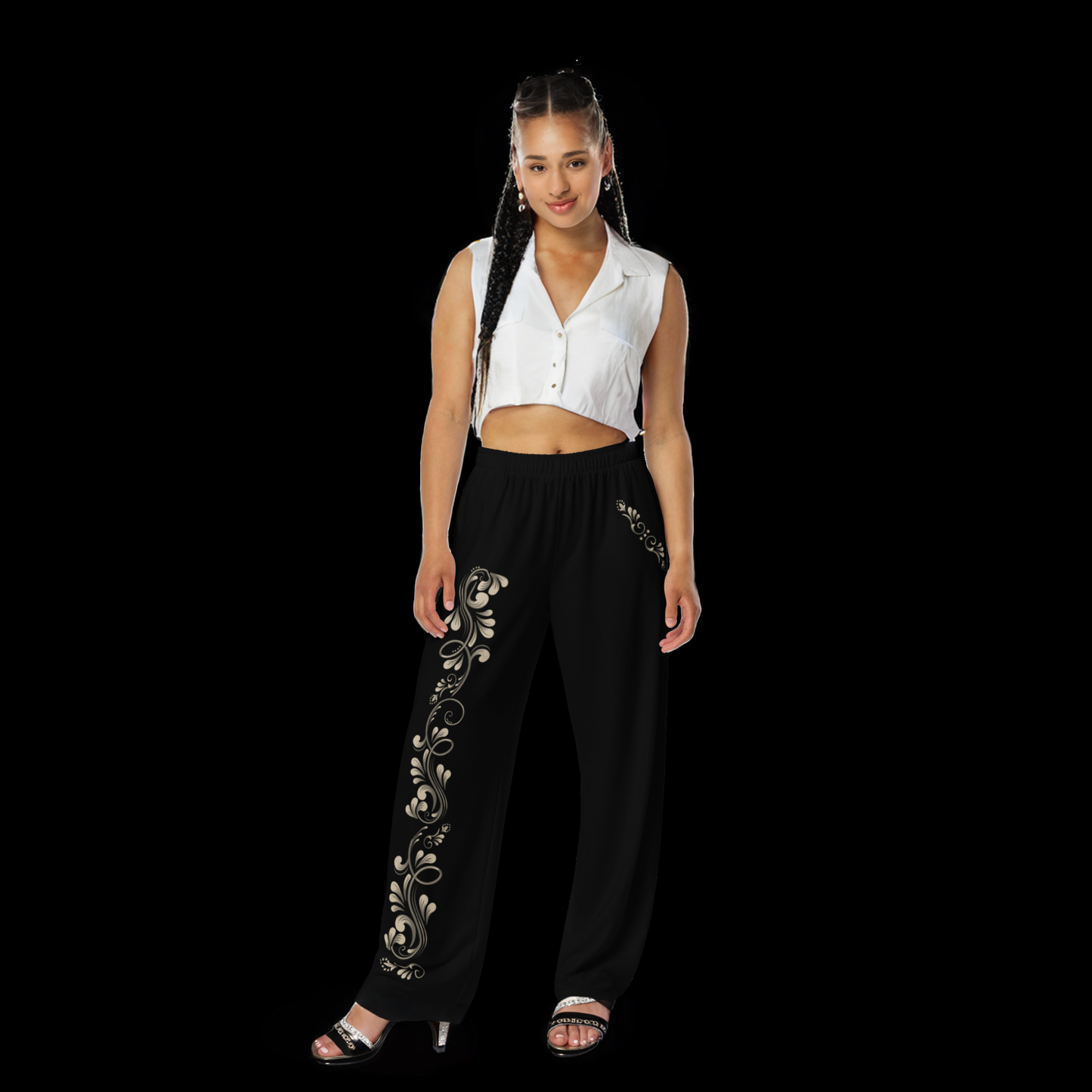 Tango Casual Pants – Damask Ecru Motif, Wide Leg Unisex Black Pants | 1055