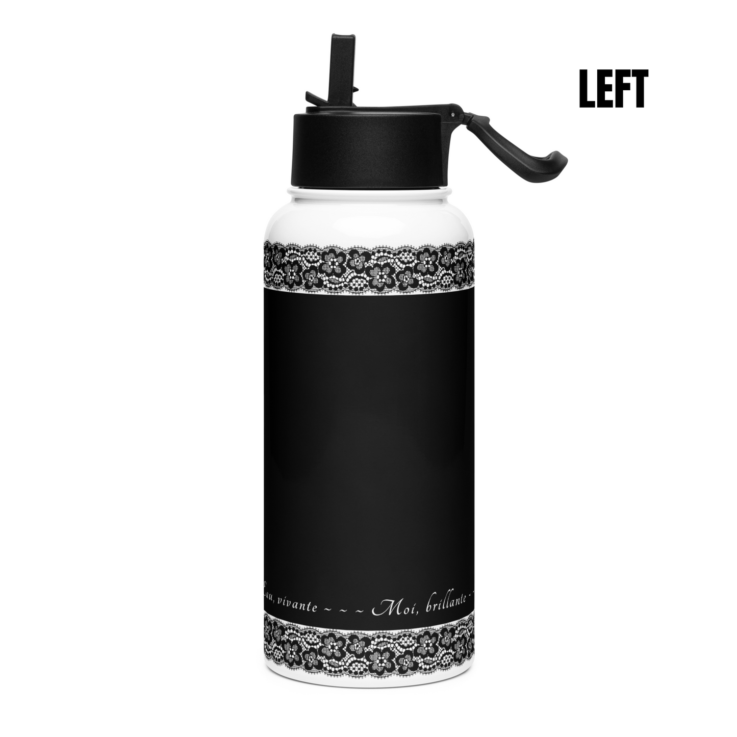 Water Bottle - Black, Stainless steel, straw lid, 32 oz/950 ml - Romantic Noir | 10006