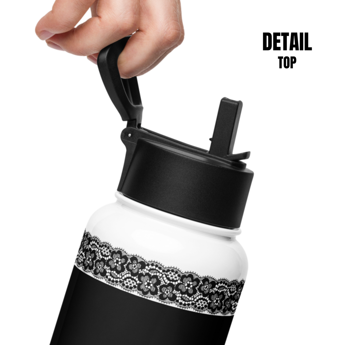 Water Bottle - Black, Stainless steel, straw lid, 32 oz/950 ml - Romantic Noir | 10006