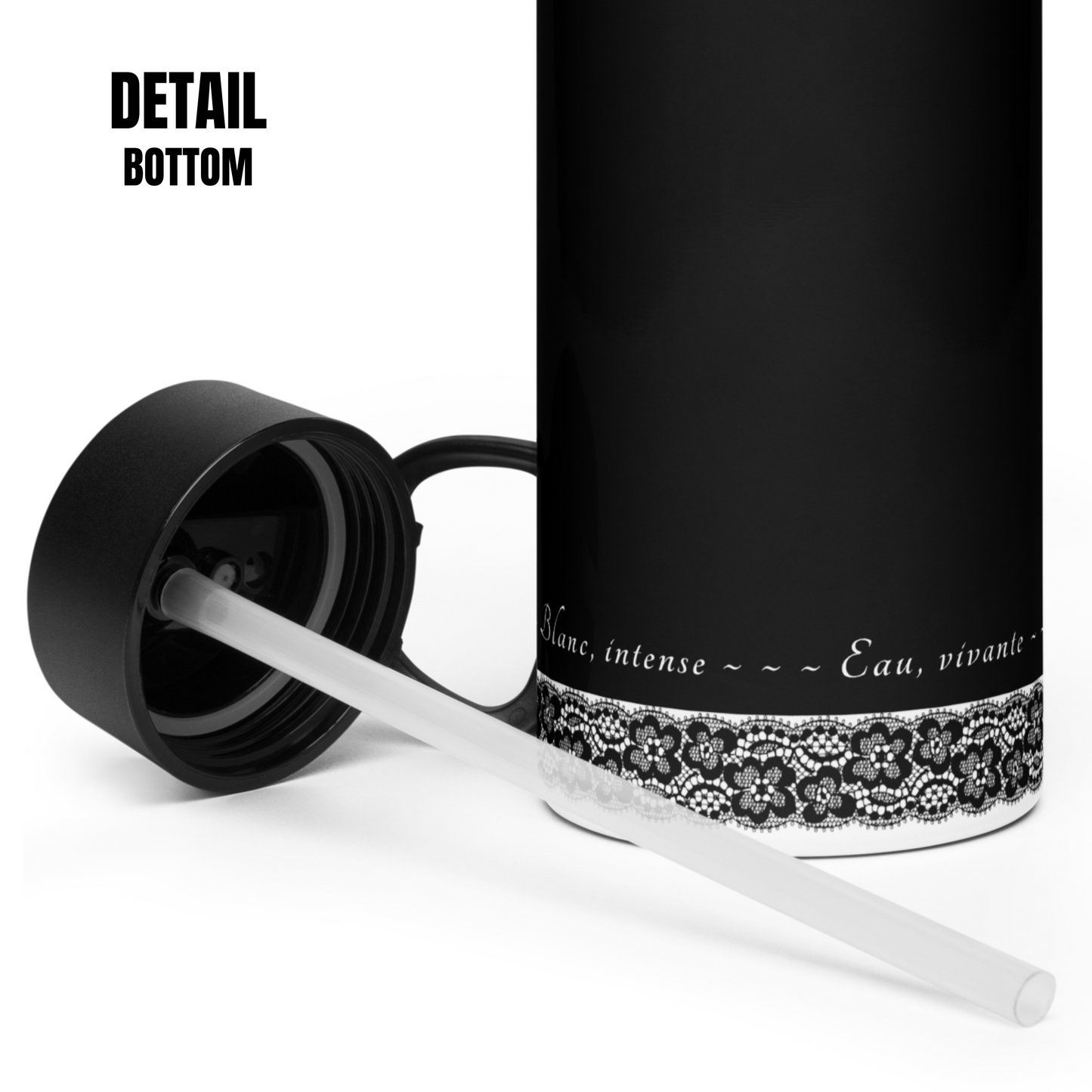 Water Bottle - Black, Stainless steel, straw lid, 32 oz/950 ml - Romantic Noir | 10006