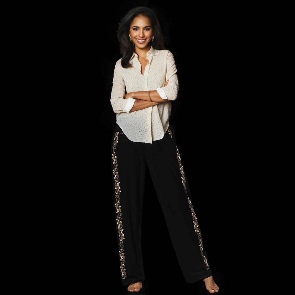 Tango Casual Pants - Burnt Copper & White decoration - Wide Leg Unisex Black Pants | 1056
