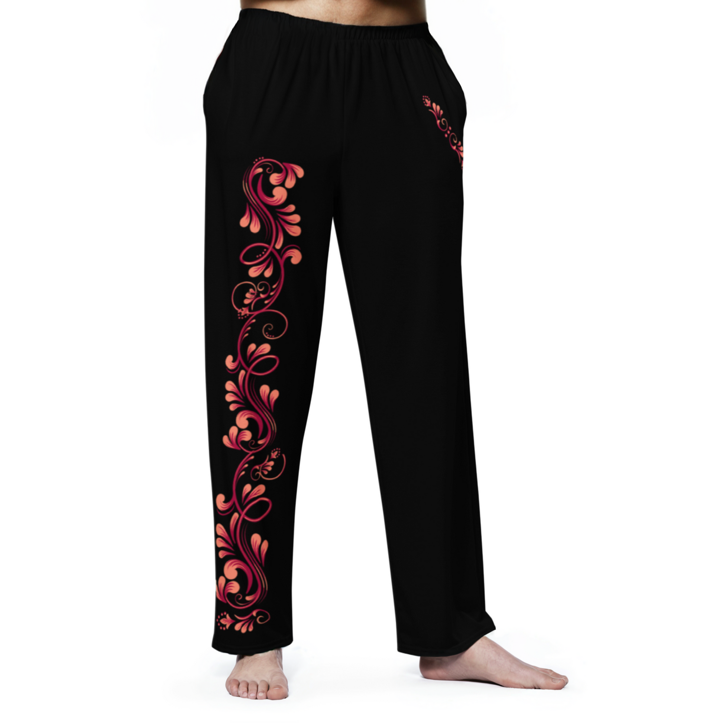 Tango Casual Pants – Damask Red Motif, Wide Leg Unisex Black Pants | 1065