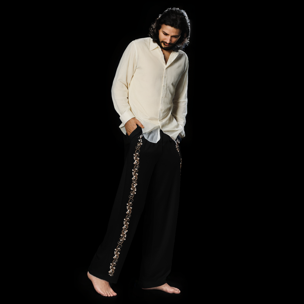 Tango Casual Pants - Burnt Copper & White decoration - Wide Leg Unisex Black Pants | 1056