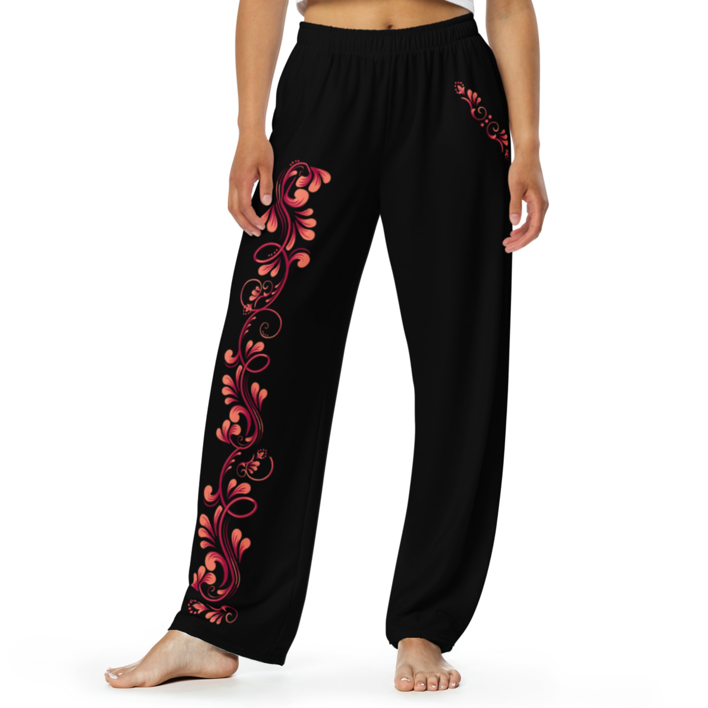 Tango Casual Pants – Damask Red Motif, Wide Leg Unisex Black Pants | 1065