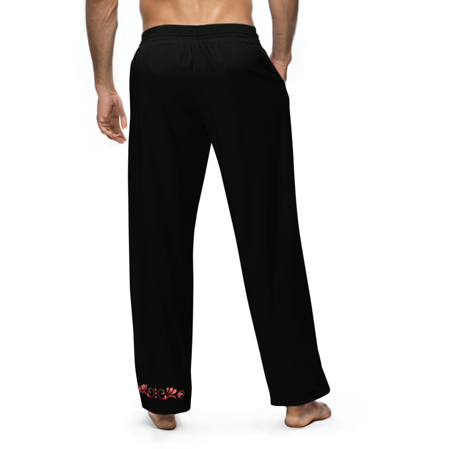 Tango Casual Pants – Damask Red Motif, Wide Leg Unisex Black Pants | 1065
