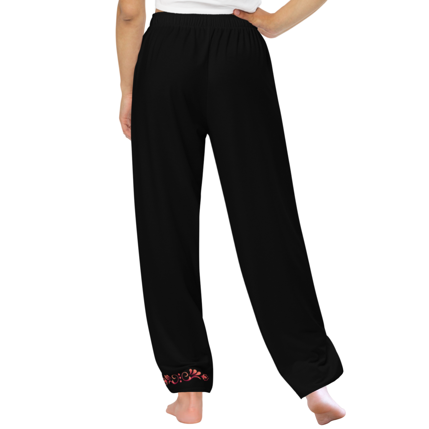 Tango Casual Pants – Damask Red Motif, Wide Leg Unisex Black Pants | 1065