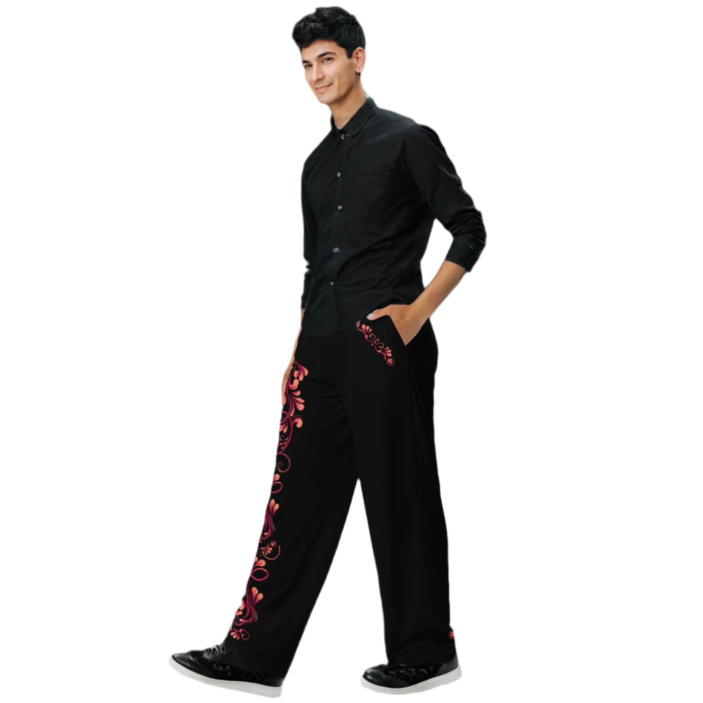 Tango Casual Pants – Damask Red Motif, Wide Leg Unisex Black Pants | 1065