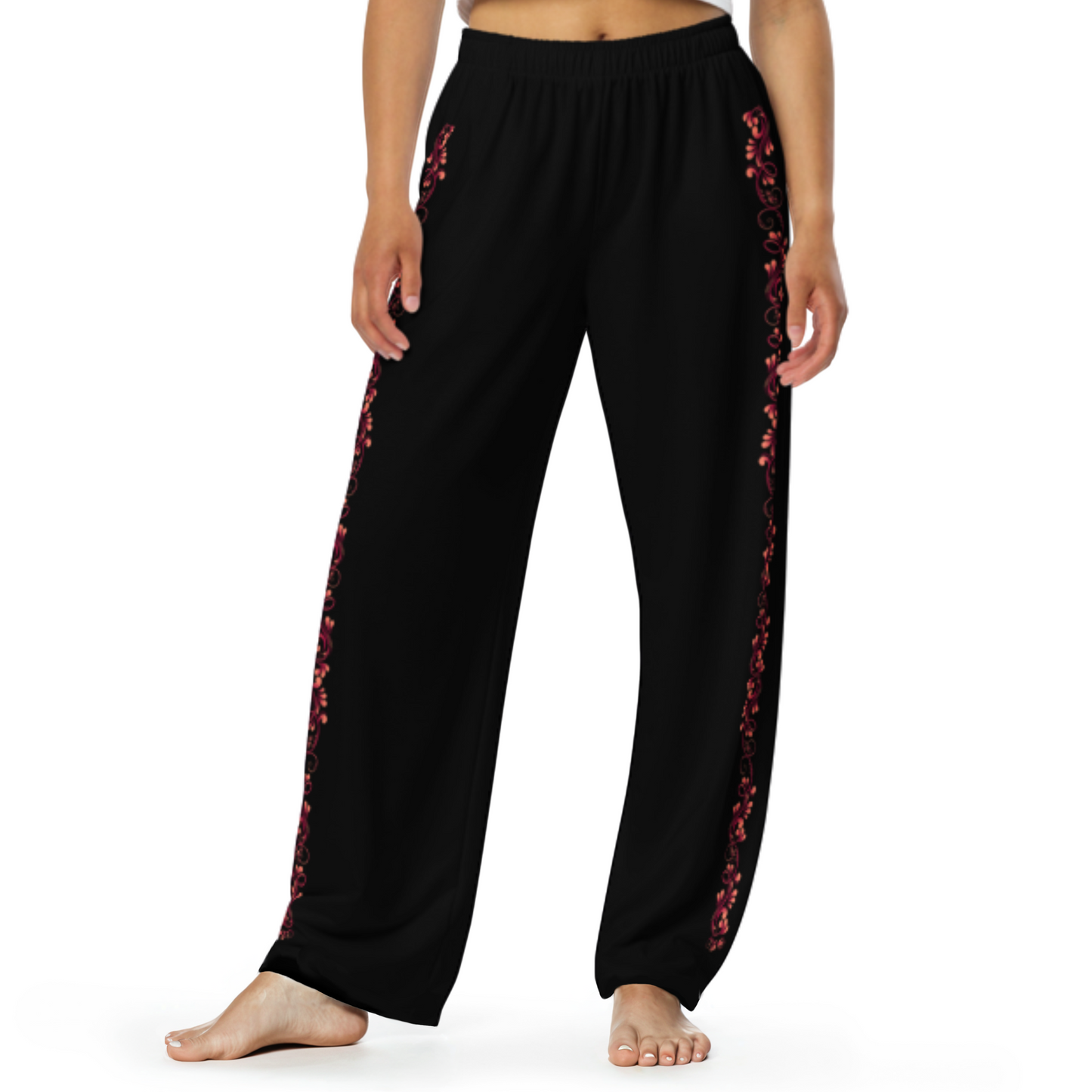 Tango Casual Pants - Red Vine decoration - Wide Leg Unisex Black Pants | 1066