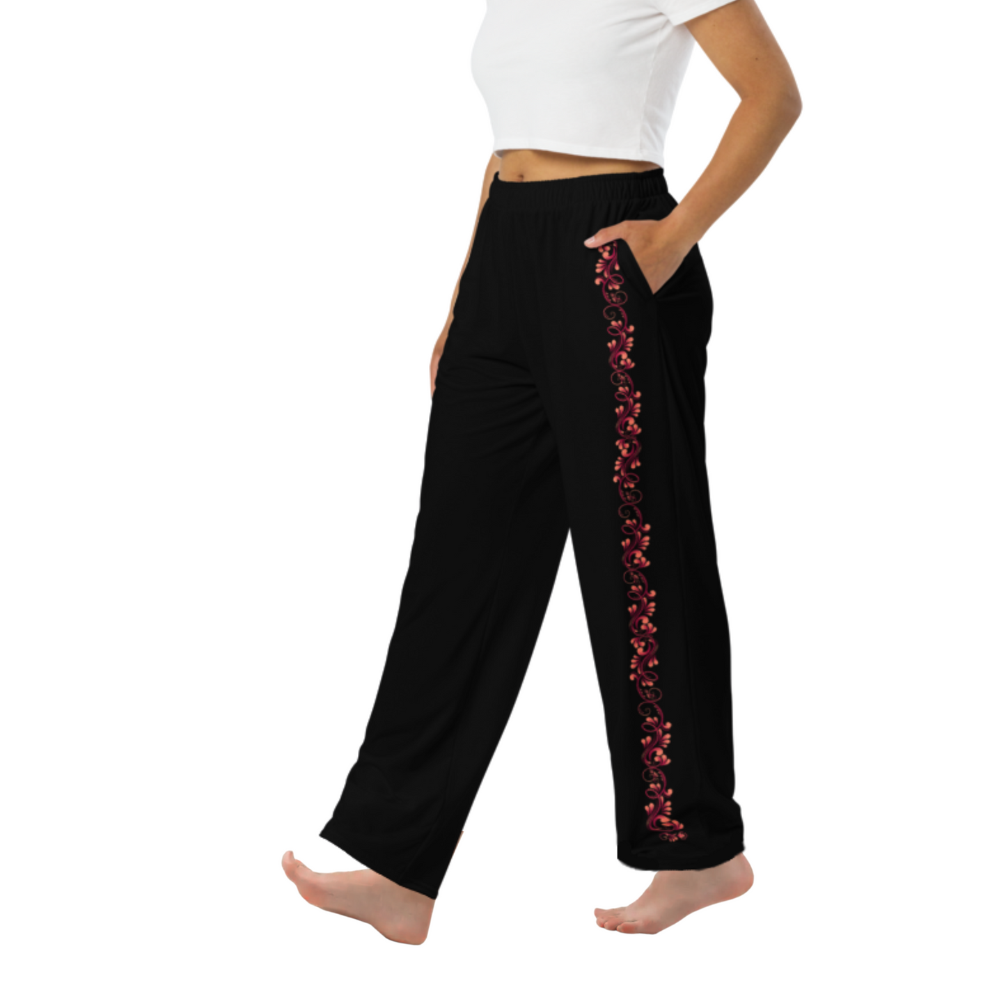 Tango Casual Pants - Red Vine decoration - Wide Leg Unisex Black Pants | 1066