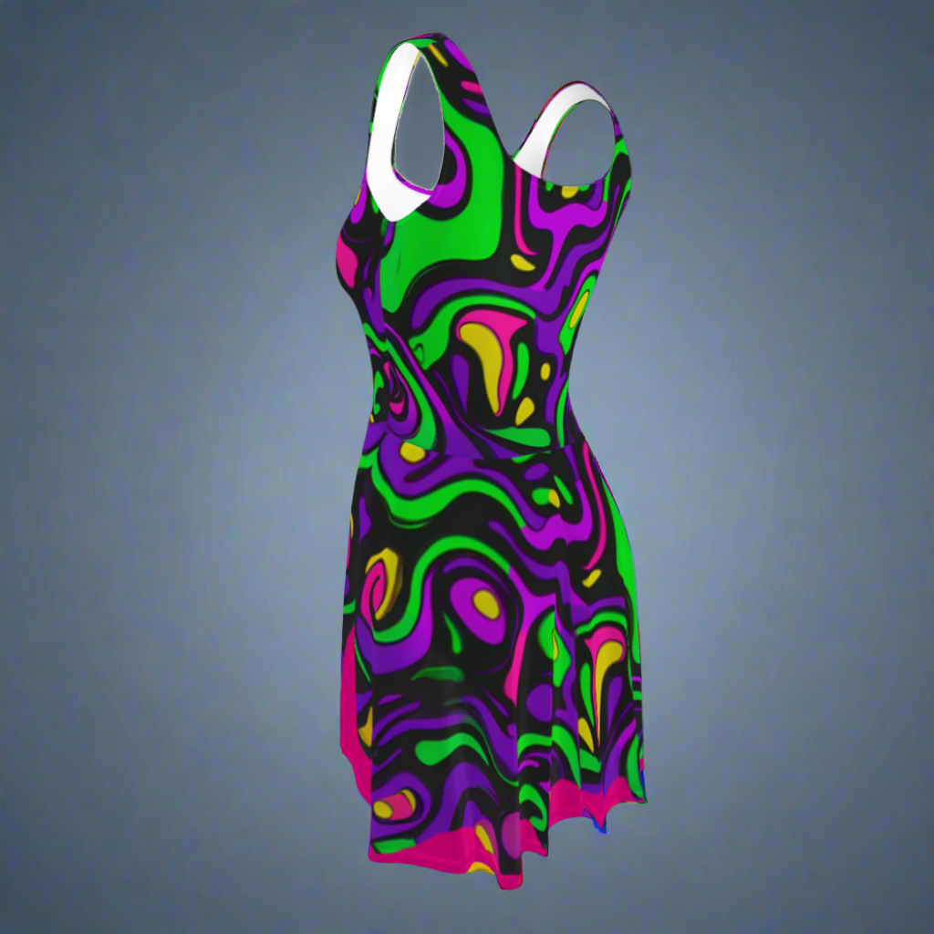 Flare short sleeveless dress, purple, green, pink, coral, abstract, funk | 3001