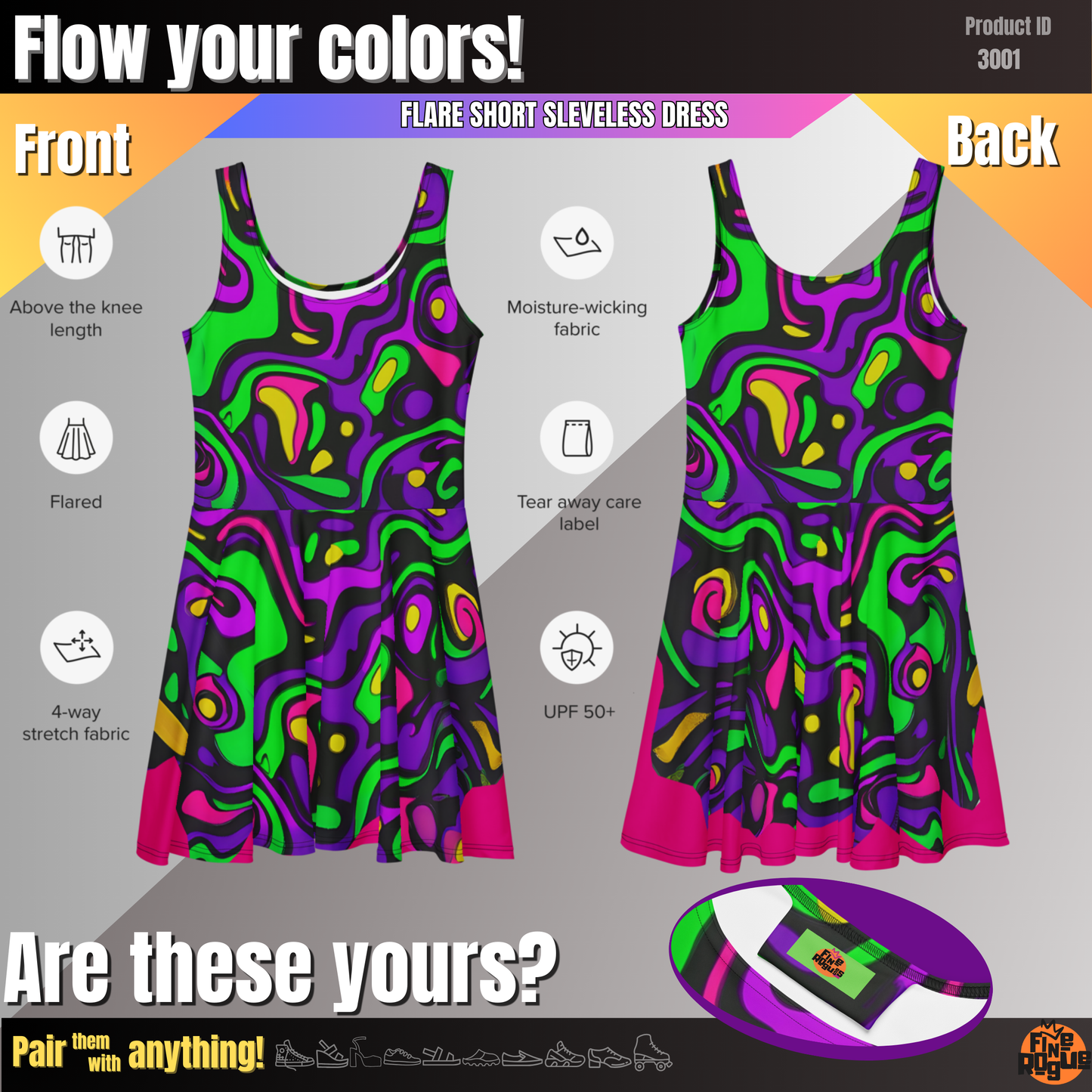 Flare short sleeveless dress, purple, green, pink, coral, abstract, funk | 3001