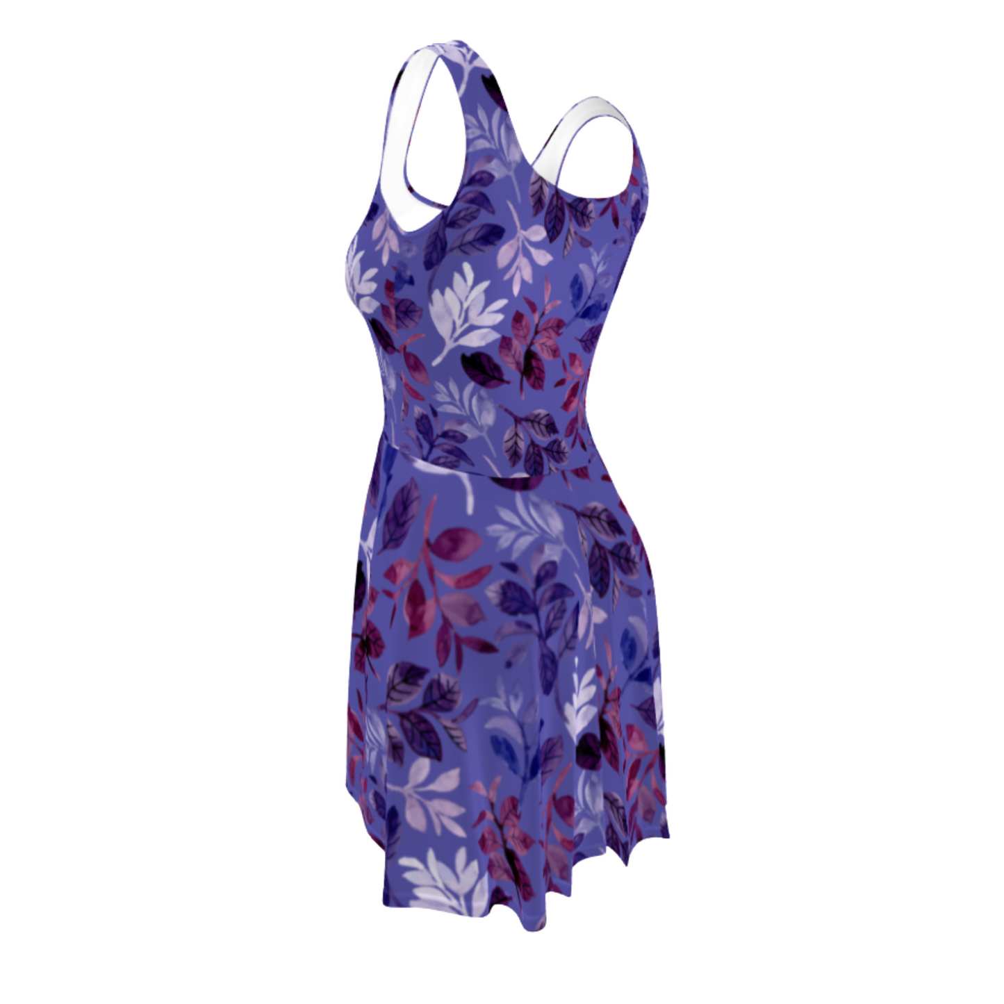 Flare Short Sleeveless Dress - Floral Violet Purple Leaves | 3004