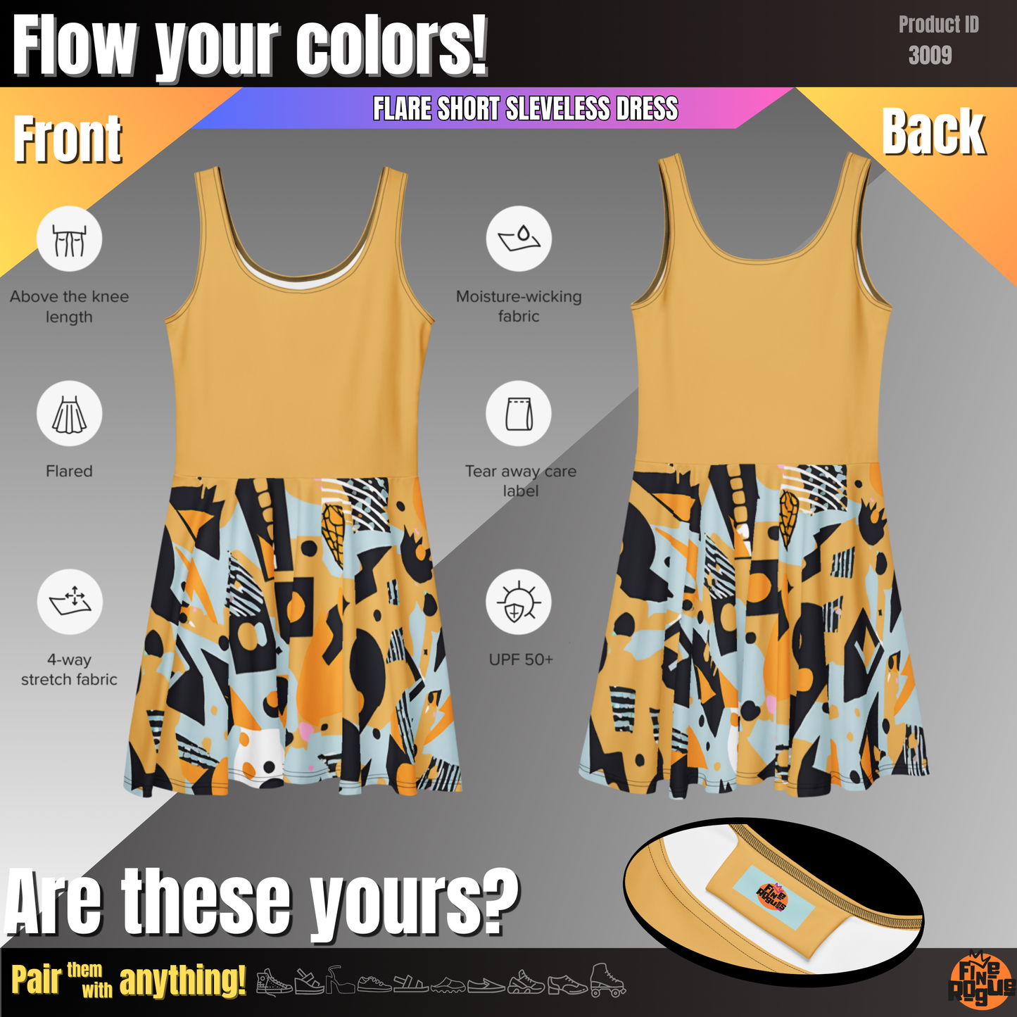 Flare short sleeveless dress, yellow, black, white, teal, abstract, funk | 3009
