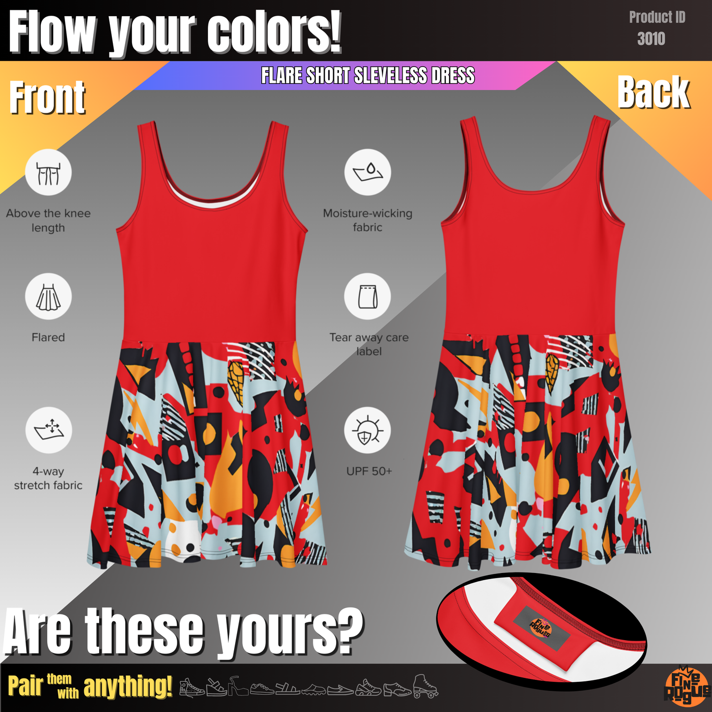 Flare short sleeveless dress, red, black, yellow, light blue, abstract, funk | 3010