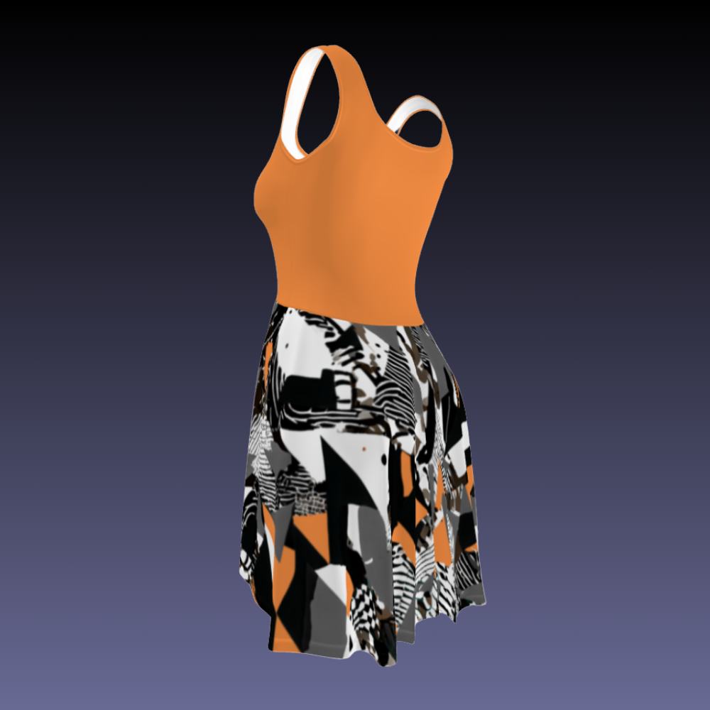 Flare short sleeveless dress, orange, black, grey, white, abstract, funk | 3011