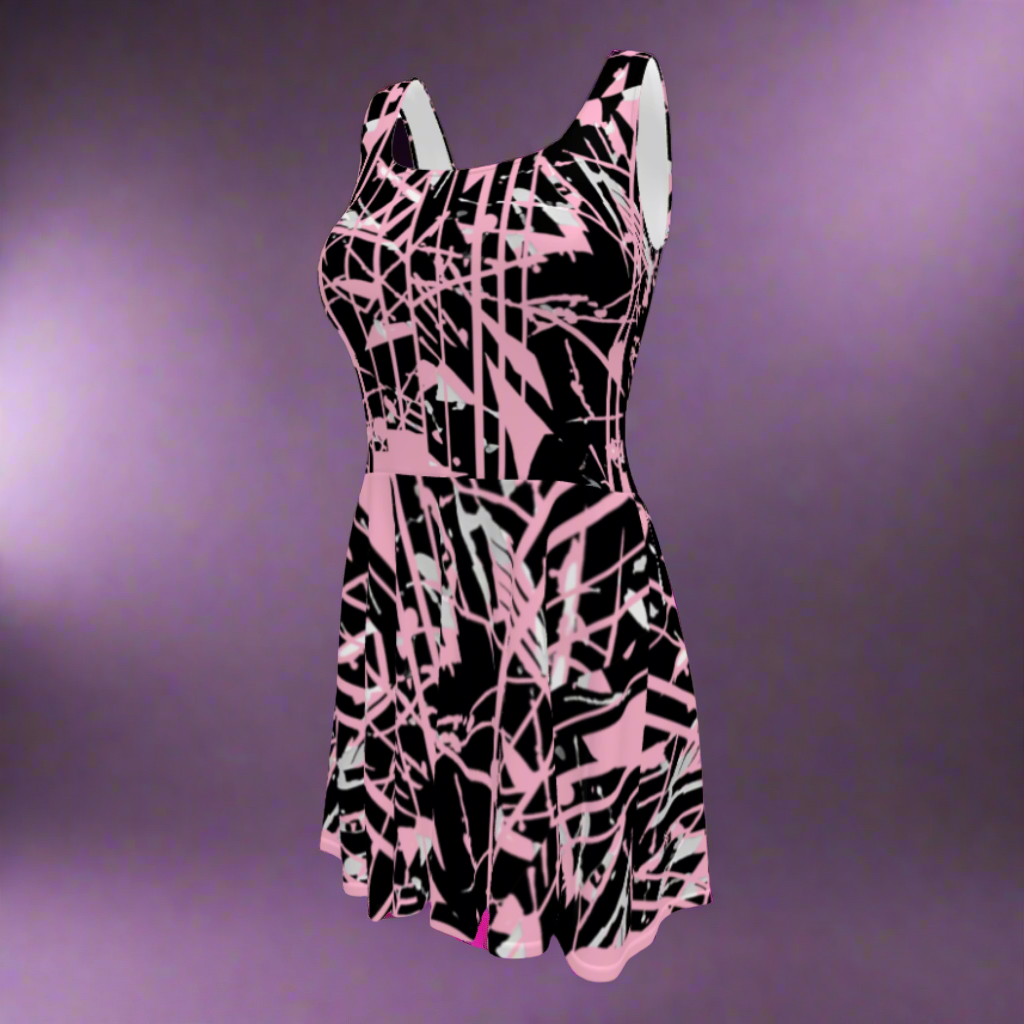Flare short sleeveless dress, dusty pink, black, gray, abstract, funk | 3012