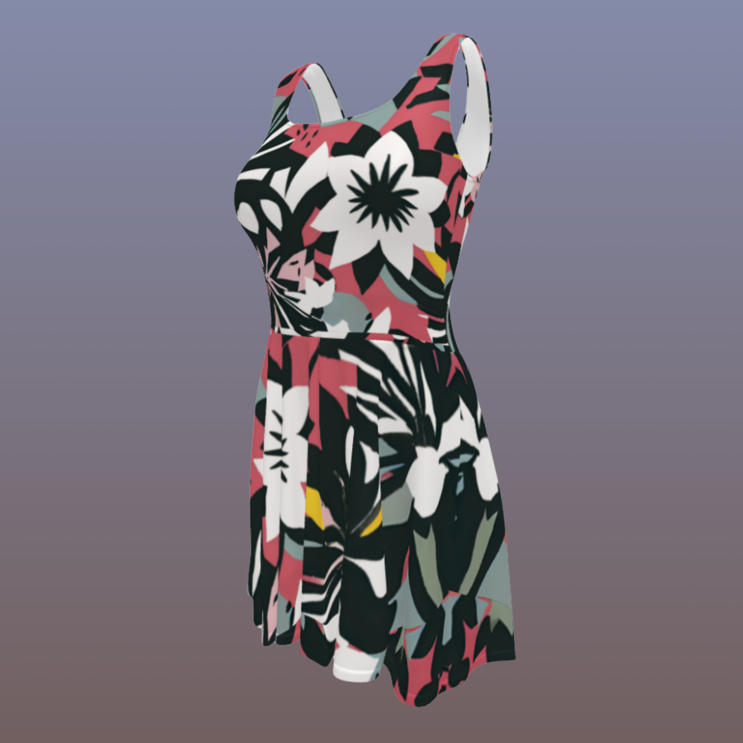 Flare short sleeveless dress, brick red, black, white, flower, abstract, funk | 3025