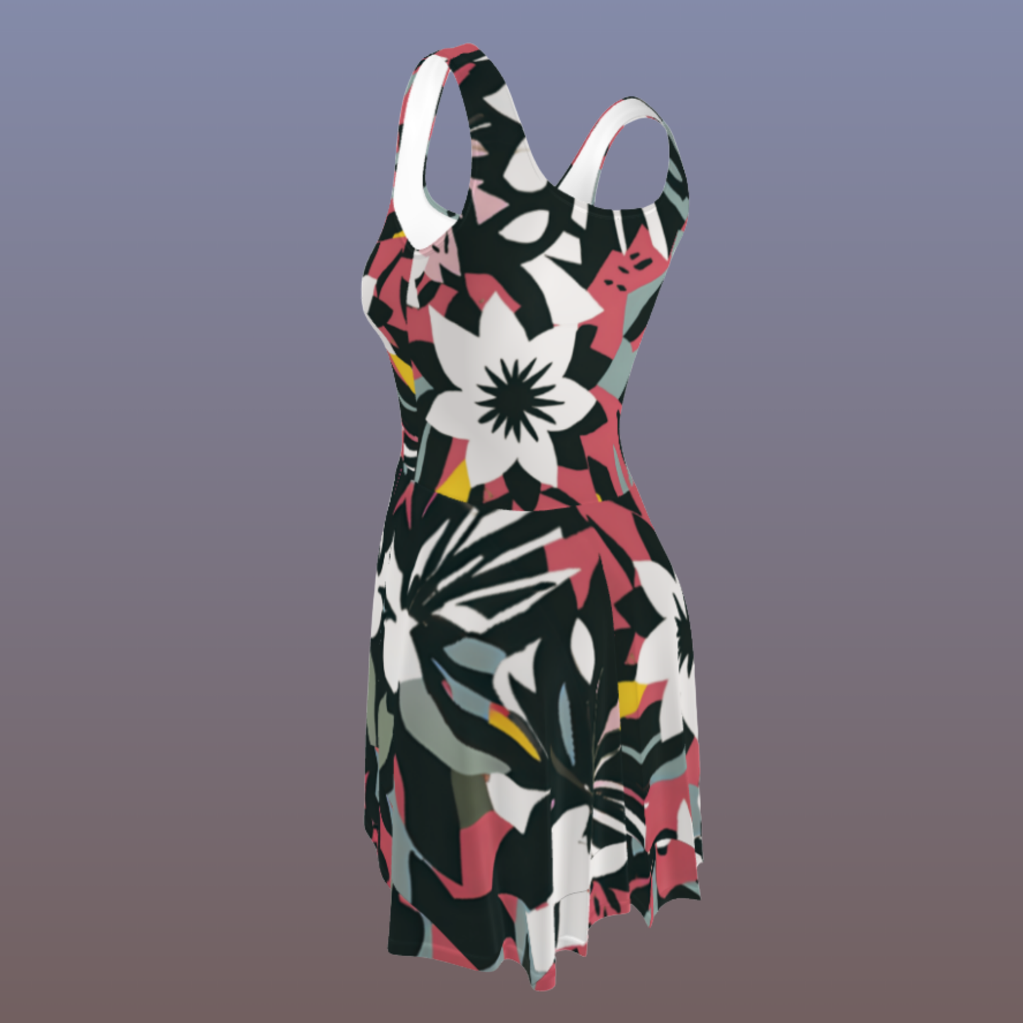 Flare short sleeveless dress, brick red, black, white, flower, abstract, funk | 3025