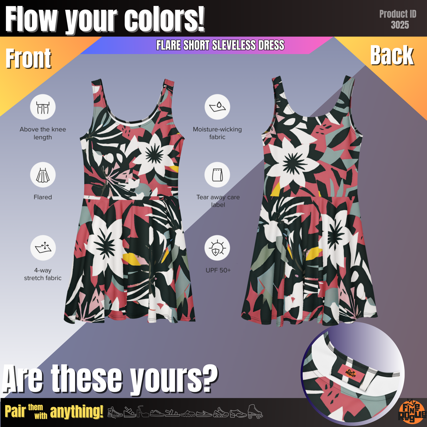Flare short sleeveless dress, brick red, black, white, flower, abstract, funk | 3025