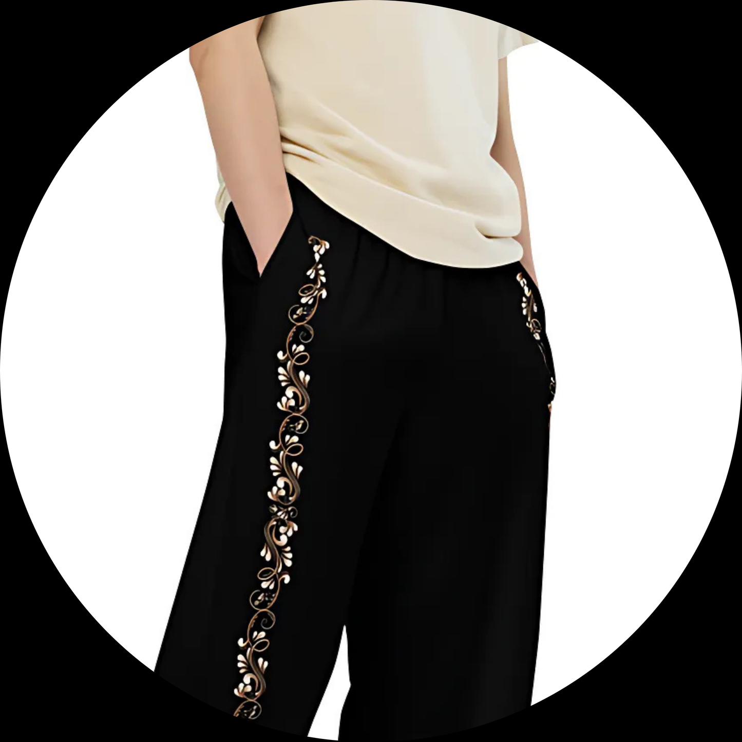 Tango Casual Pants - Burnt Copper & White decoration - Wide Leg Unisex Black Pants | 1056
