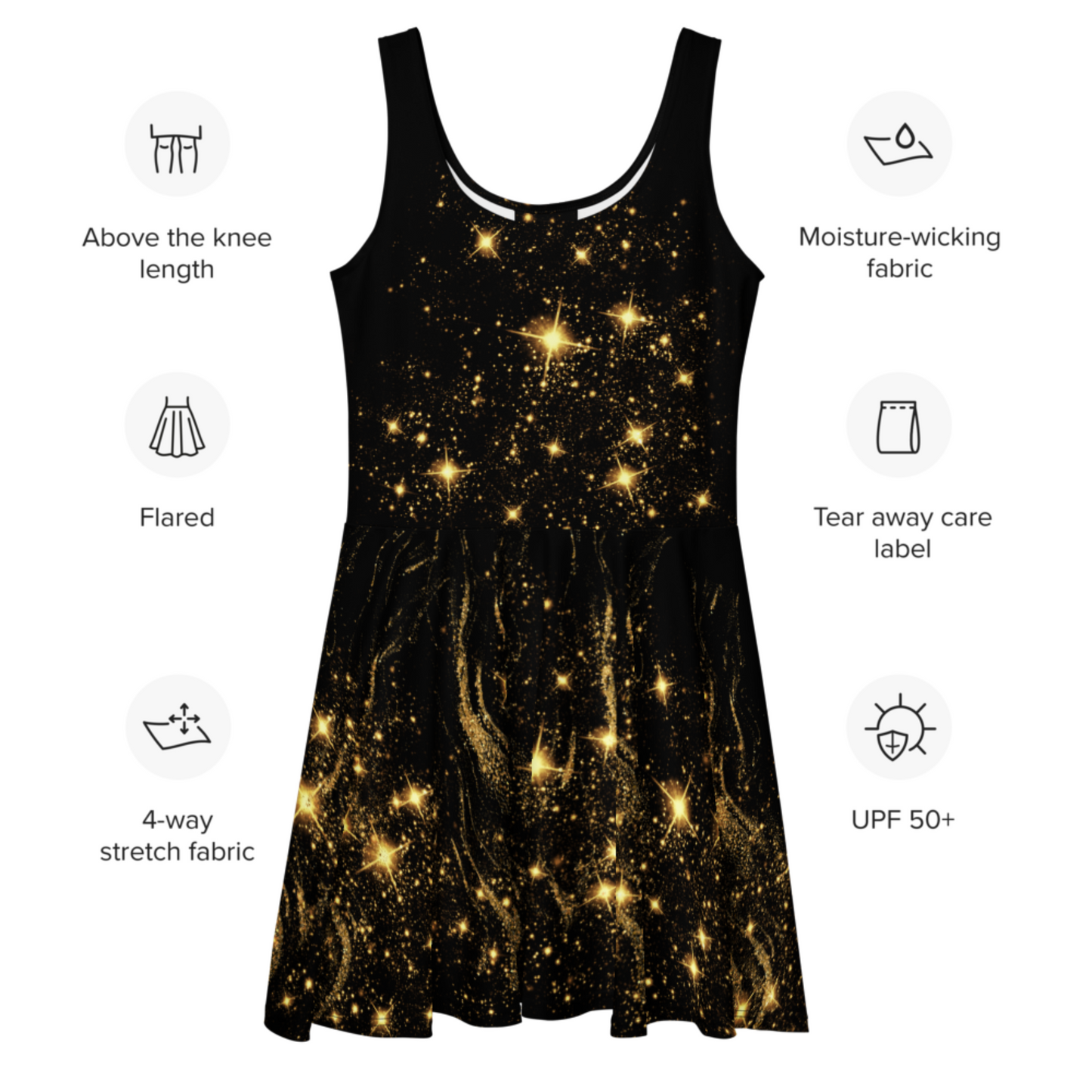 Flare Short Sleeveless Dress - Black Gold Stars | 3002