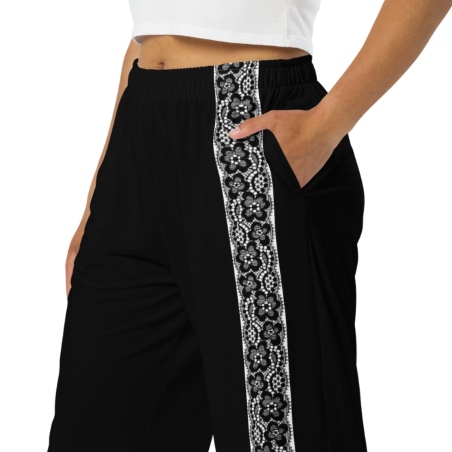 Wide leg pants - Black Lace Print Decoration, Romantic Noir | 10001