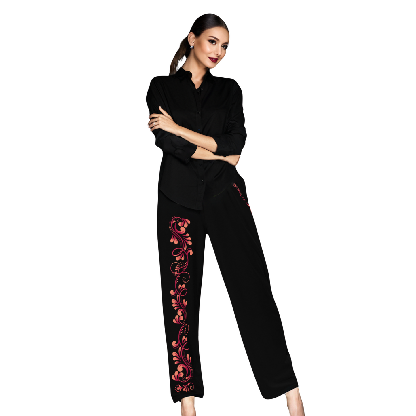 Tango Casual Pants – Damask Red Motif, Wide Leg Unisex Black Pants | 1065