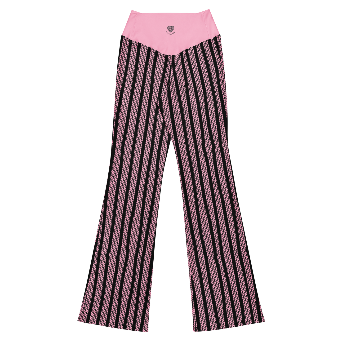 Pink & Black Patterned Flare Pants – Hidden Heart “Always Lucky & Loved” Waistband | 10101