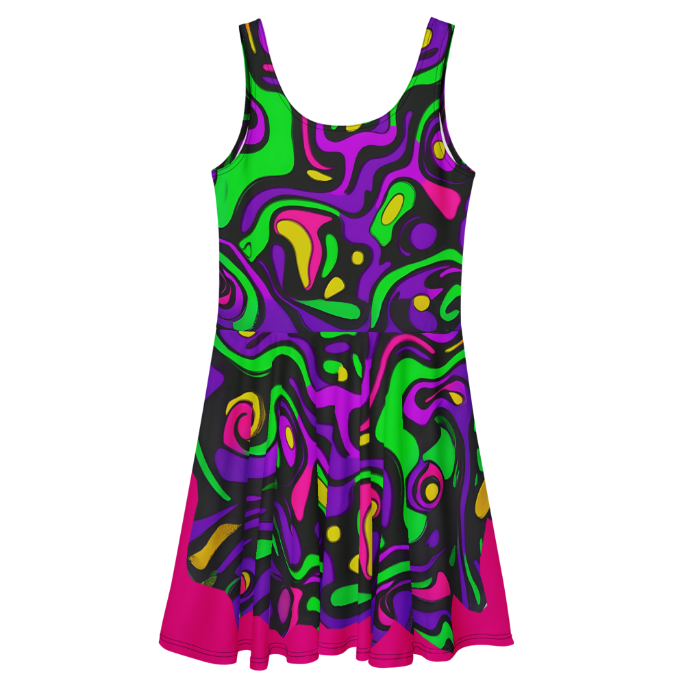 Flare short sleeveless dress, purple, green, pink, coral, abstract, funk | 3001