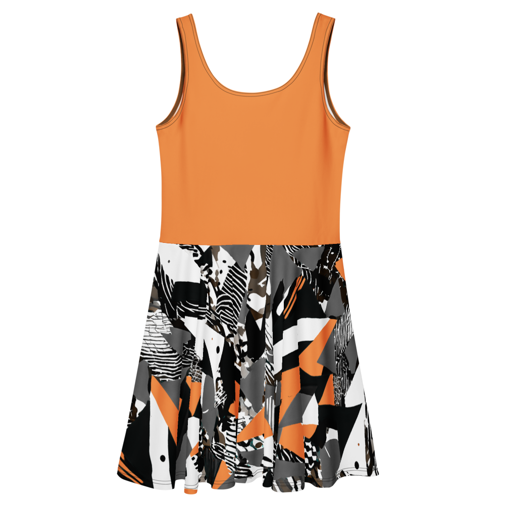 Flare short sleeveless dress, orange, black, grey, white, abstract, funk | 3011