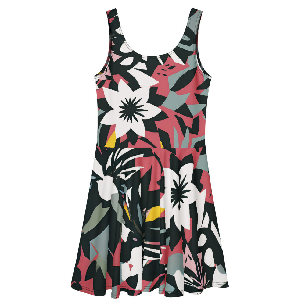 Flare short sleeveless dress, brick red, black, white, flower, abstract, funk | 3025