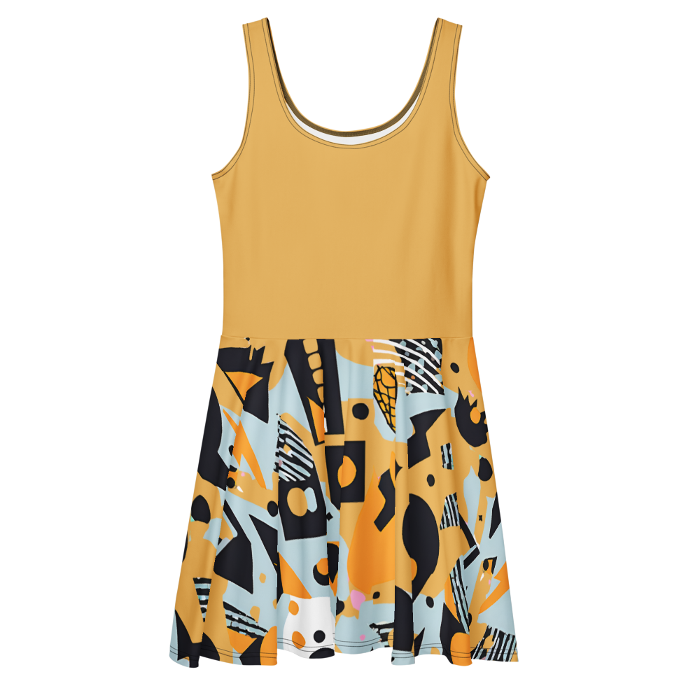 Flare short sleeveless dress, yellow, black, white, teal, abstract, funk | 3009